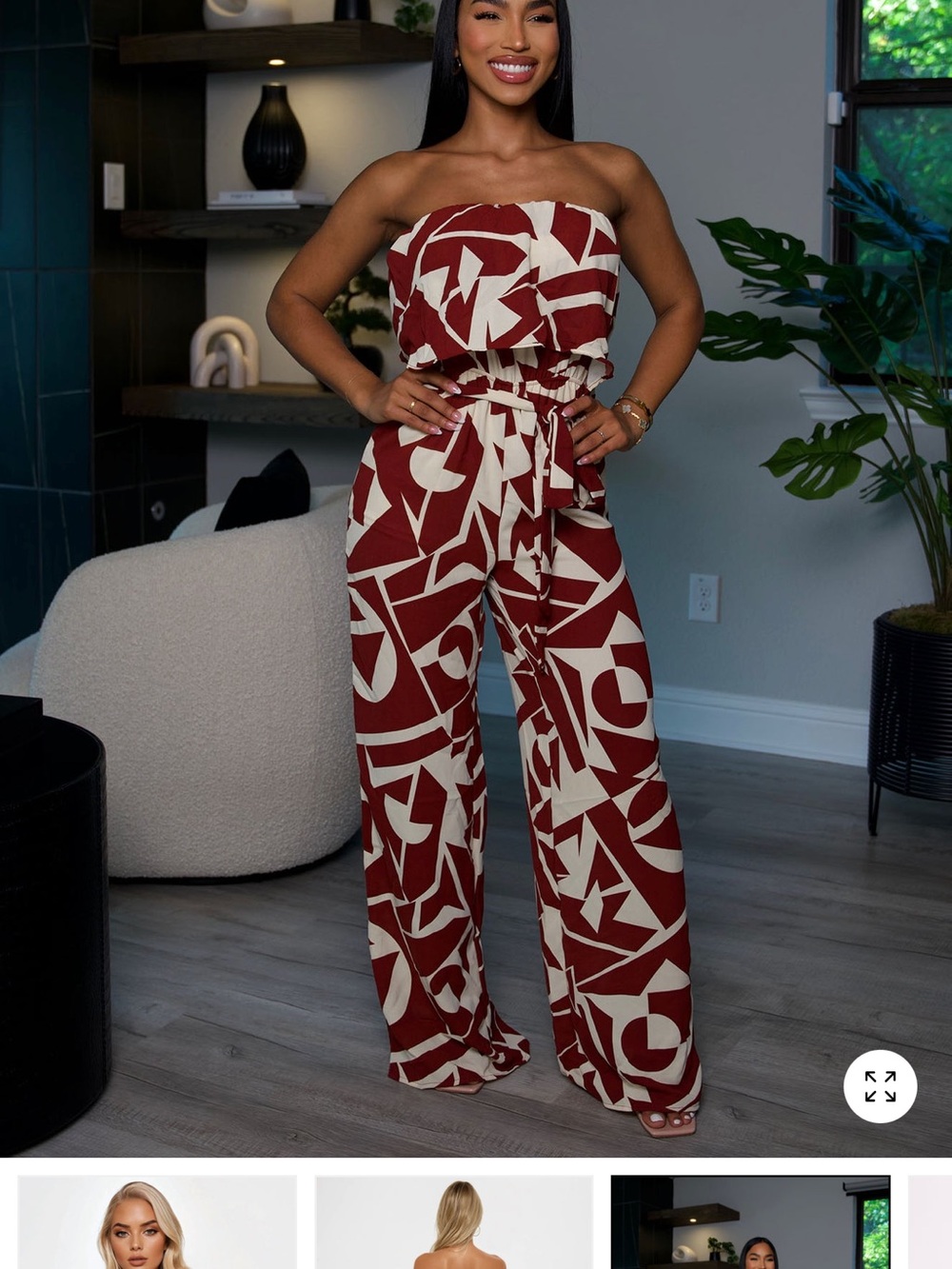 Fashion Nova Strapless Wide-Leg Jumpsuit in Burgundy & Cream